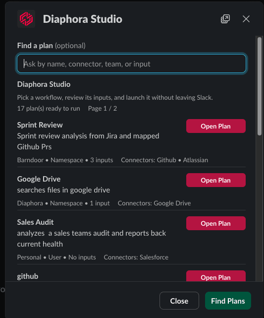 Diaphora Studio Slack modal showing searchable blueprints